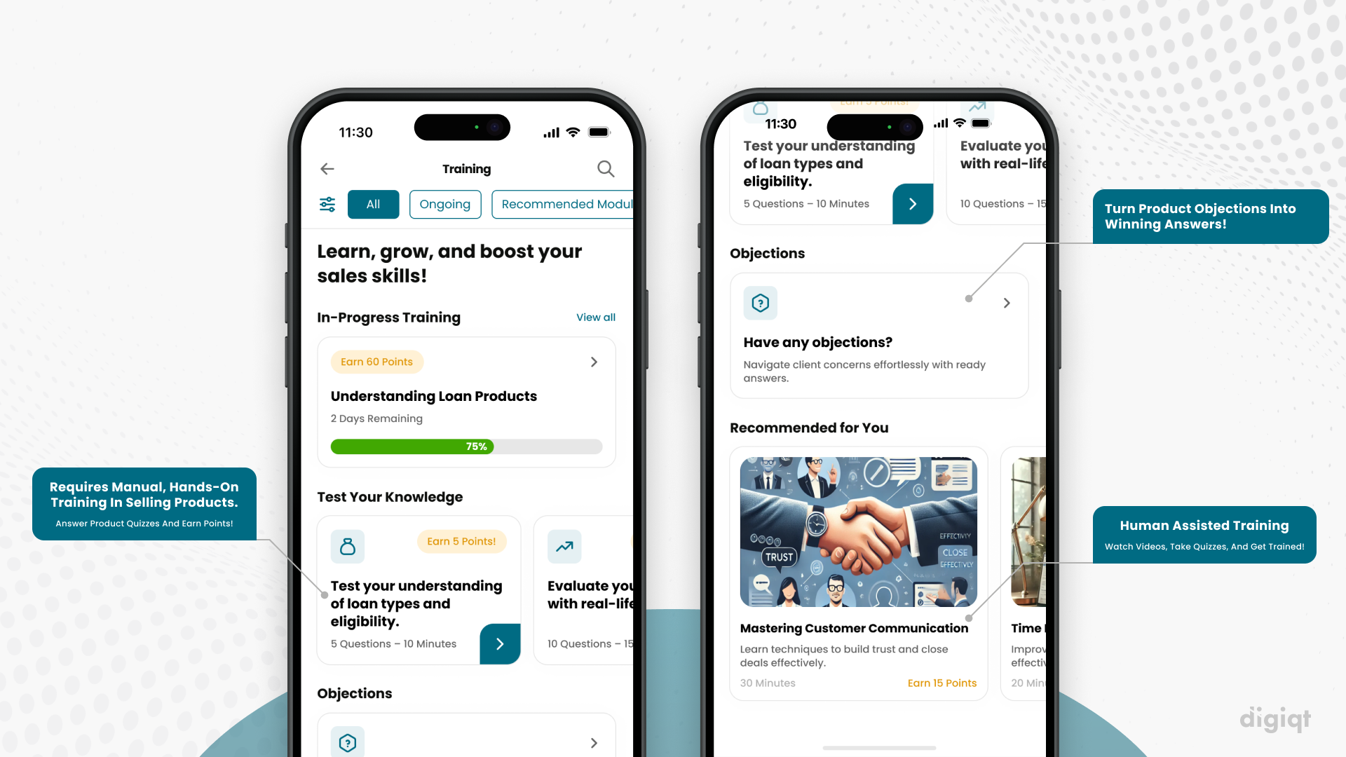 Mobile training interface with interactive modules and progress tracking