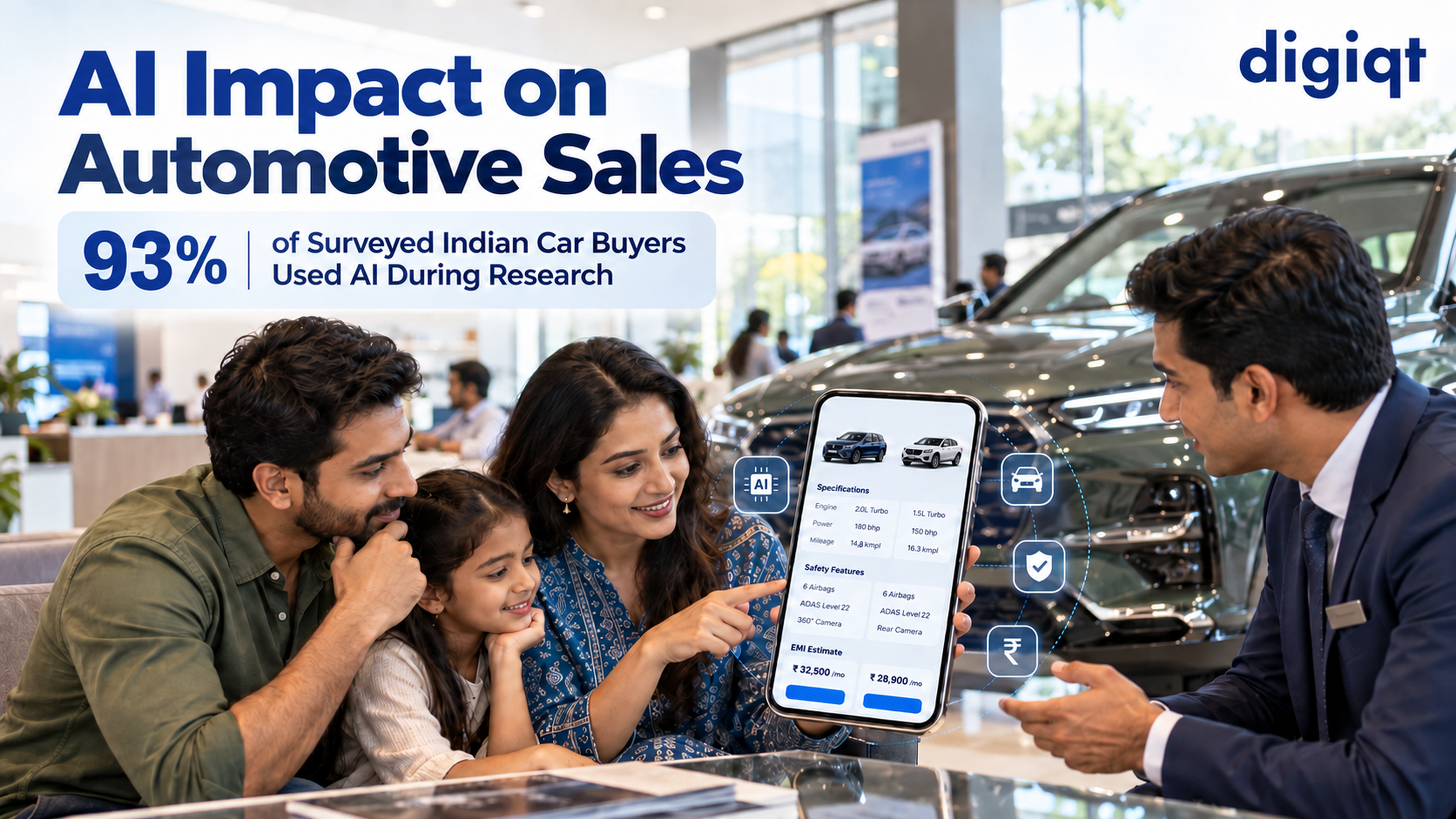 Car buyer reviewing AI vehicle comparisons with an automotive dealership salesperson